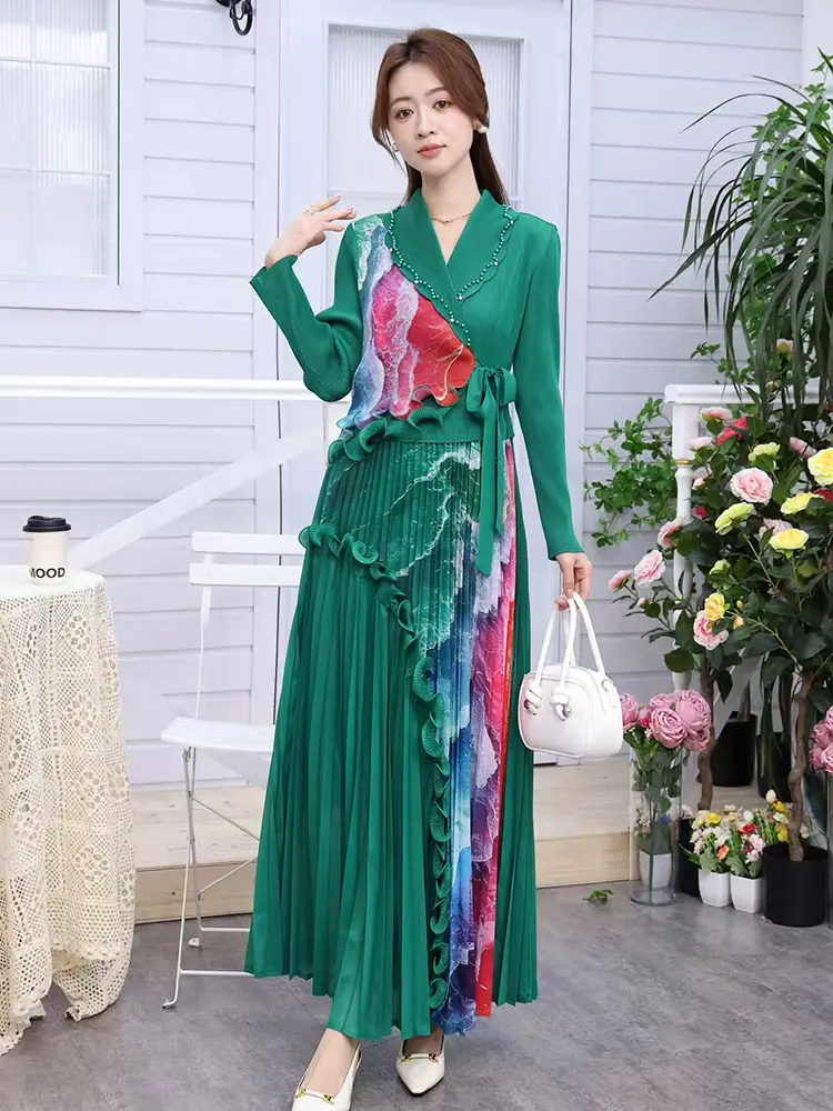 LANMREM Beading Notched Collar Design Women's Pleated Dress Bandage Print Ruffled Panelling‌ Spliced Long Sleeve Dresses 2DB3393
