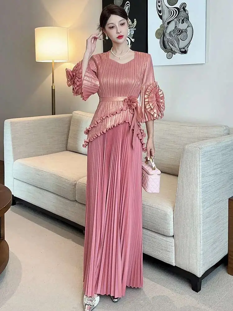 LANMREM Temperament Pleated Sets Spring 2025 New Women's Hot Gold Irregular Tops High Waist Long Half Skirt Two-piece Set 2DE298