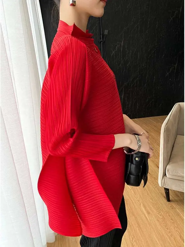 LANMREM Versatile Pleated Shirts Loose Solid Color Stand Single Breasted Casual Shirt Women Fashion Top 2023 Autumn New 2C787