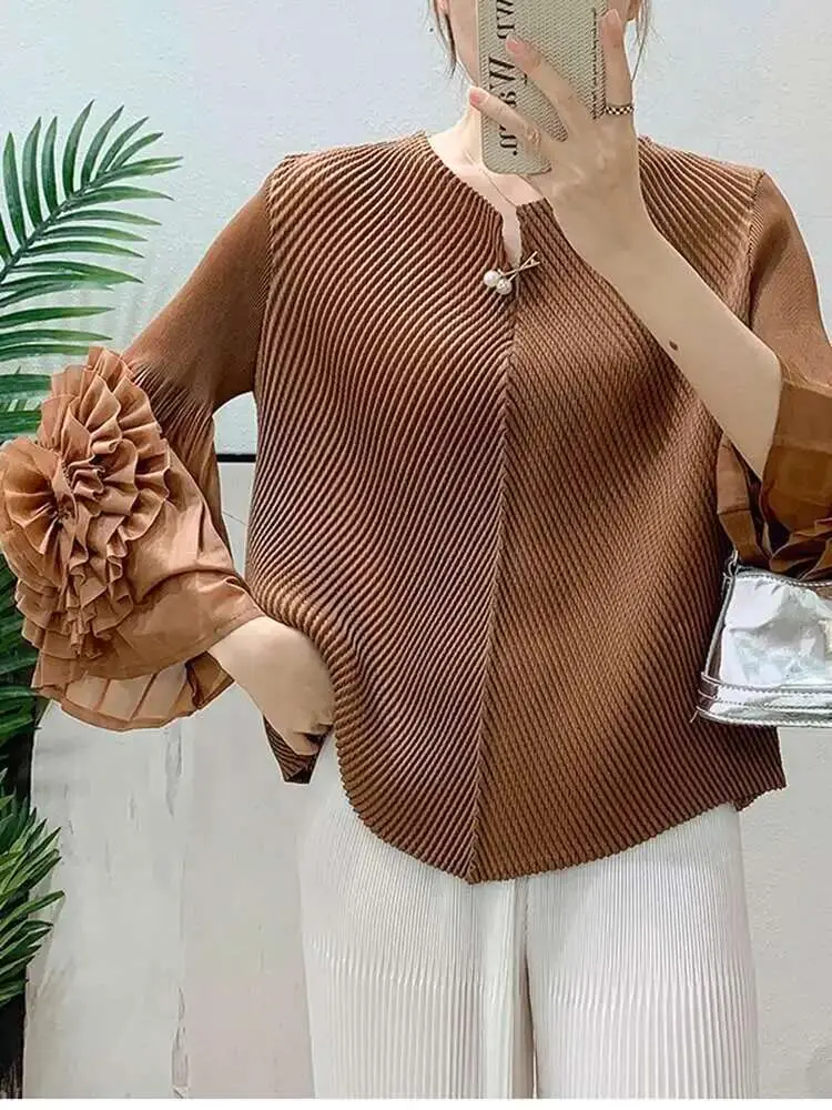 LANMREM Flower Spliced Cuff Long Sleeve Pleated Top 2025 Summer New Solid Color Versatile Women's Pullover Tee Tops Chic 2DB2619
