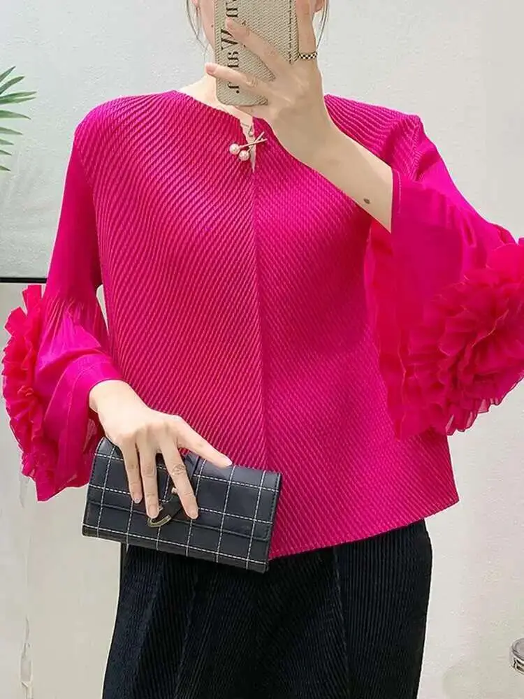 LANMREM Flower Spliced Cuff Long Sleeve Pleated Top 2025 Summer New Solid Color Versatile Women's Pullover Tee Tops Chic 2DB2619