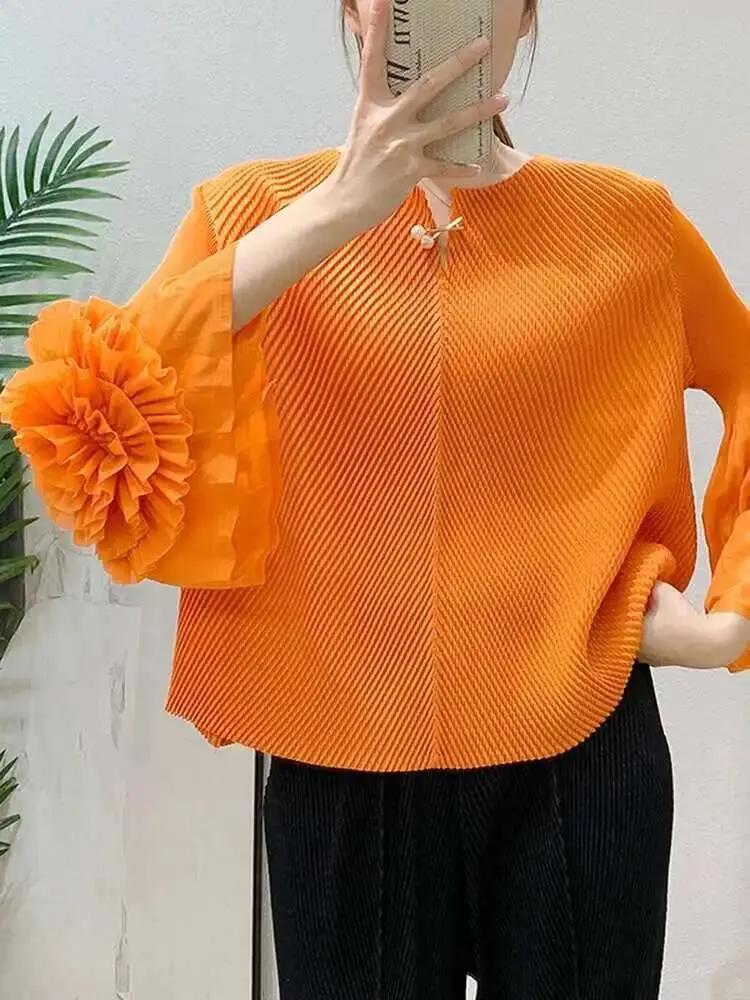 LANMREM Flower Spliced Cuff Long Sleeve Pleated Top 2025 Summer New Solid Color Versatile Women's Pullover Tee Tops Chic 2DB2619