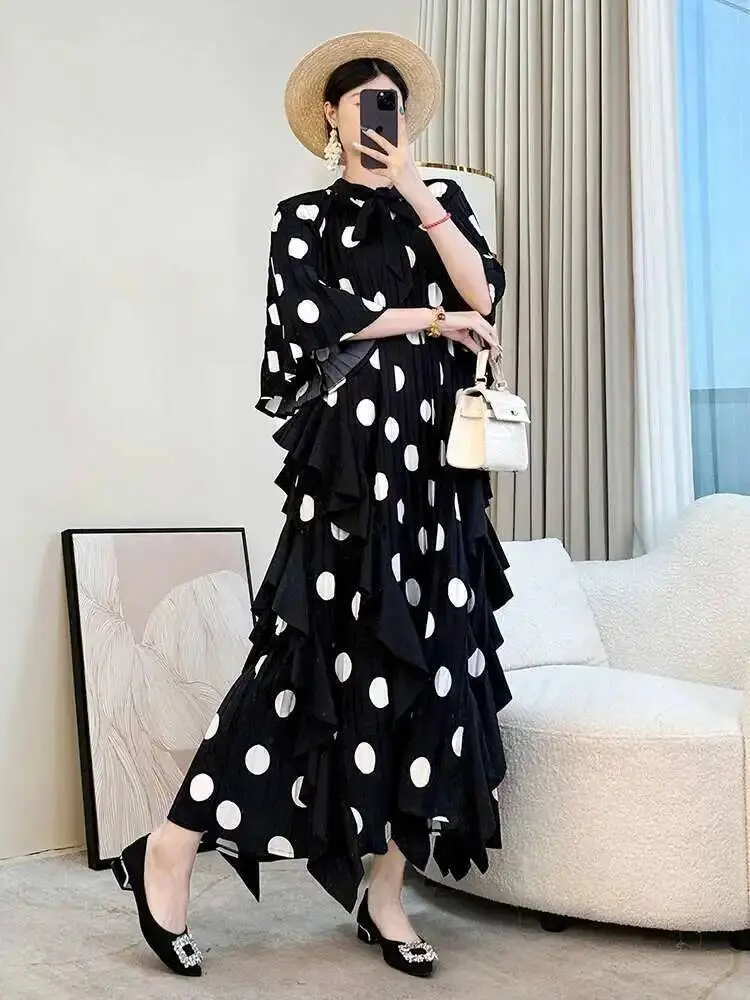 LANMREM Trendy Deisng Batwing Sleeve Women's Pleated Dress 2025 New Summer Chic Dot Printting Ruffled Panelling‌ Dresses 2DB2989