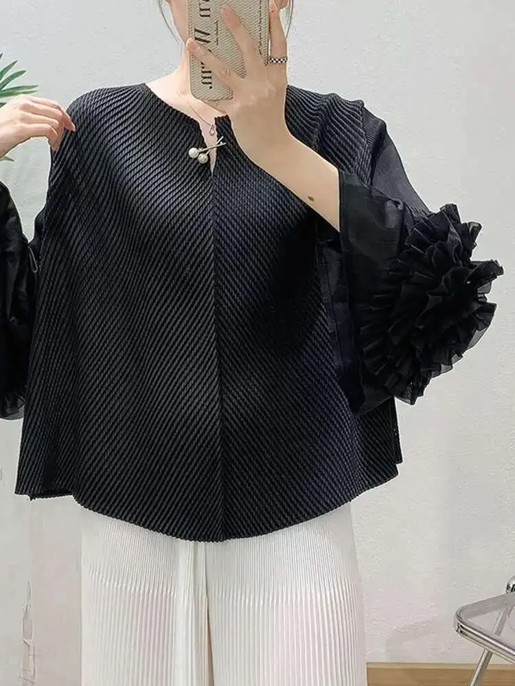 LANMREM Flower Spliced Cuff Long Sleeve Pleated Top 2025 Summer New Solid Color Versatile Women's Pullover Tee Tops Chic 2DB2619