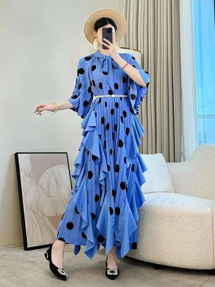 LANMREM Trendy Deisng Batwing Sleeve Women's Pleated Dress 2025 New Summer Chic Dot Printting Ruffled Panelling‌ Dresses 2DB2989