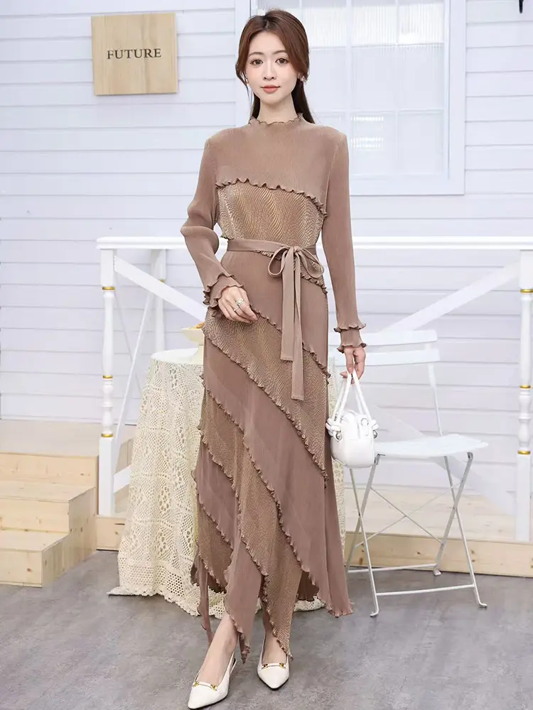 LANMREM High End Irregular Ruffled Panelling‌ Patchwork Design Women's Dress Loose Elastic Slimming Long Sleeve Dresses 2DB3394