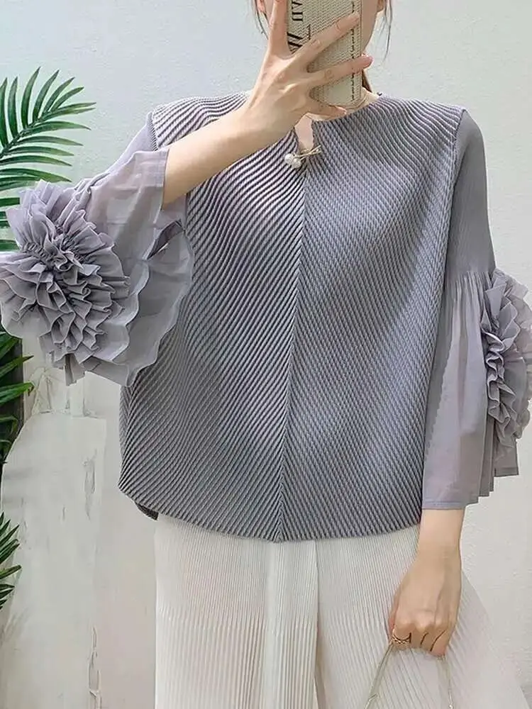 LANMREM Flower Spliced Cuff Long Sleeve Pleated Top 2025 Summer New Solid Color Versatile Women's Pullover Tee Tops Chic 2DB2619
