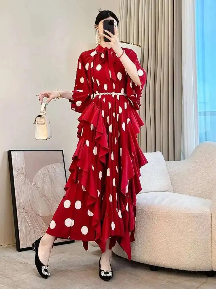 LANMREM Trendy Deisng Batwing Sleeve Women's Pleated Dress 2025 New Summer Chic Dot Printting Ruffled Panelling‌ Dresses 2DB2989