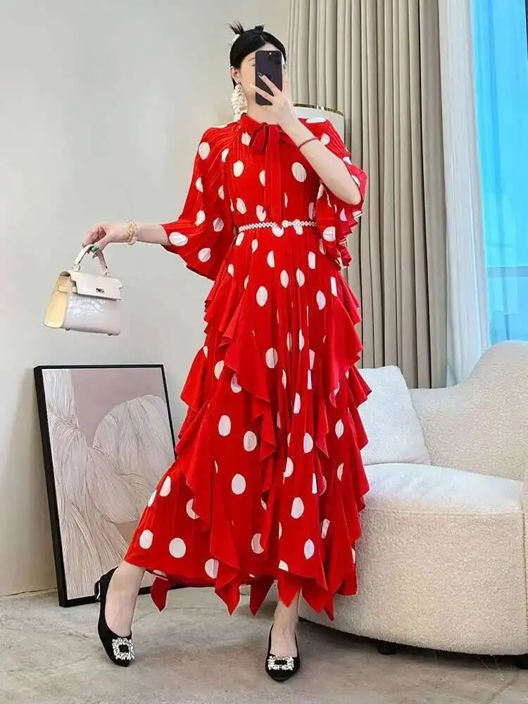 LANMREM Trendy Deisng Batwing Sleeve Women's Pleated Dress 2025 New Summer Chic Dot Printting Ruffled Panelling‌ Dresses 2DB2989