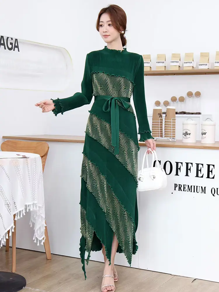 LANMREM High End Irregular Ruffled Panelling‌ Patchwork Design Women's Dress Loose Elastic Slimming Long Sleeve Dresses 2DB3394