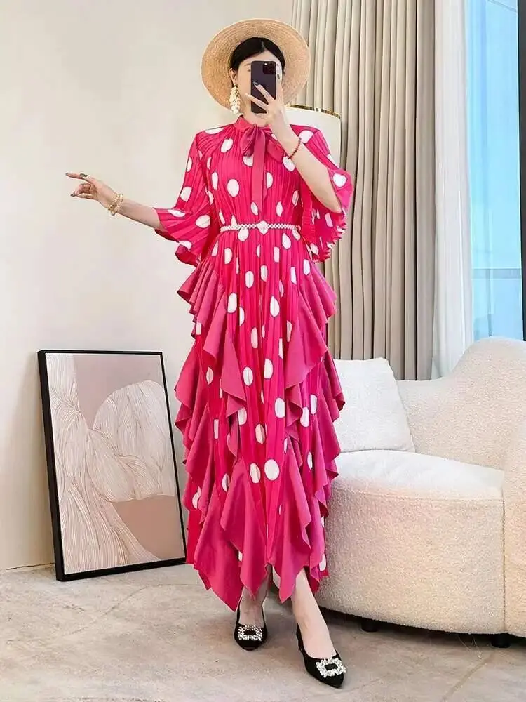 LANMREM Trendy Deisng Batwing Sleeve Women's Pleated Dress 2025 New Summer Chic Dot Printting Ruffled Panelling‌ Dresses 2DB2989