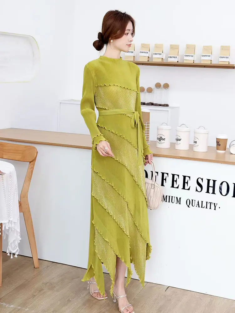 LANMREM High End Irregular Ruffled Panelling‌ Patchwork Design Women's Dress Loose Elastic Slimming Long Sleeve Dresses 2DB3394