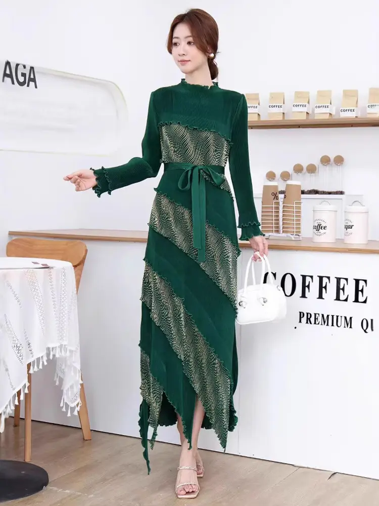LANMREM High End Irregular Ruffled Panelling‌ Patchwork Design Women's Dress Loose Elastic Slimming Long Sleeve Dresses 2DB3394