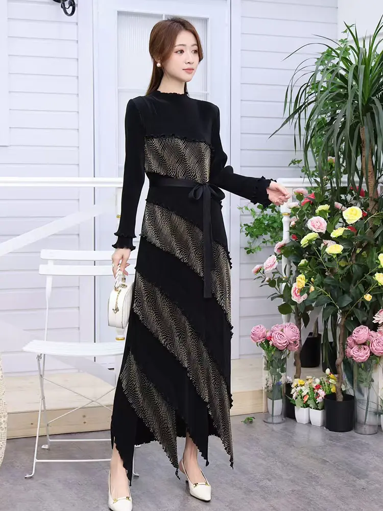 LANMREM High End Irregular Ruffled Panelling‌ Patchwork Design Women's Dress Loose Elastic Slimming Long Sleeve Dresses 2DB3394