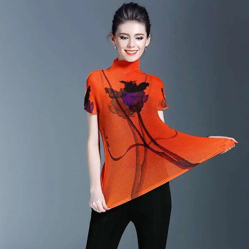 LANMREM Japan Fashion printting pleated t-shirt for women 2025 summer new elastic high collar short sleeve Tee stretch YJ165