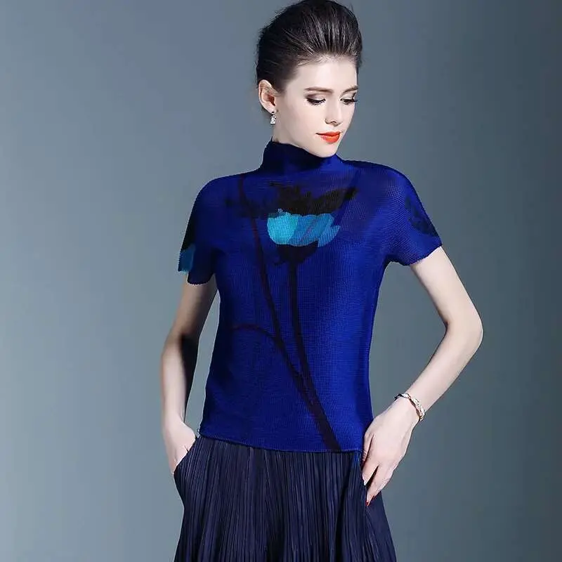 LANMREM Japan Fashion printting pleated t-shirt for women 2025 summer new elastic high collar short sleeve Tee stretch YJ165