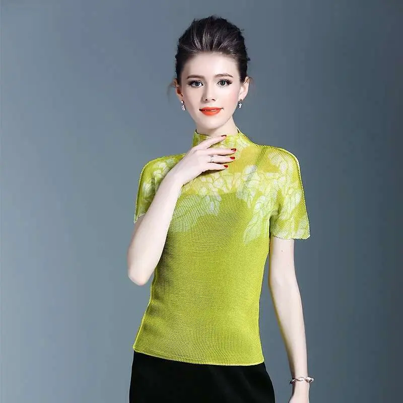 LANMREM Japan Fashion printting pleated t-shirt for women 2025 summer new elastic high collar short sleeve Tee stretch YJ165
