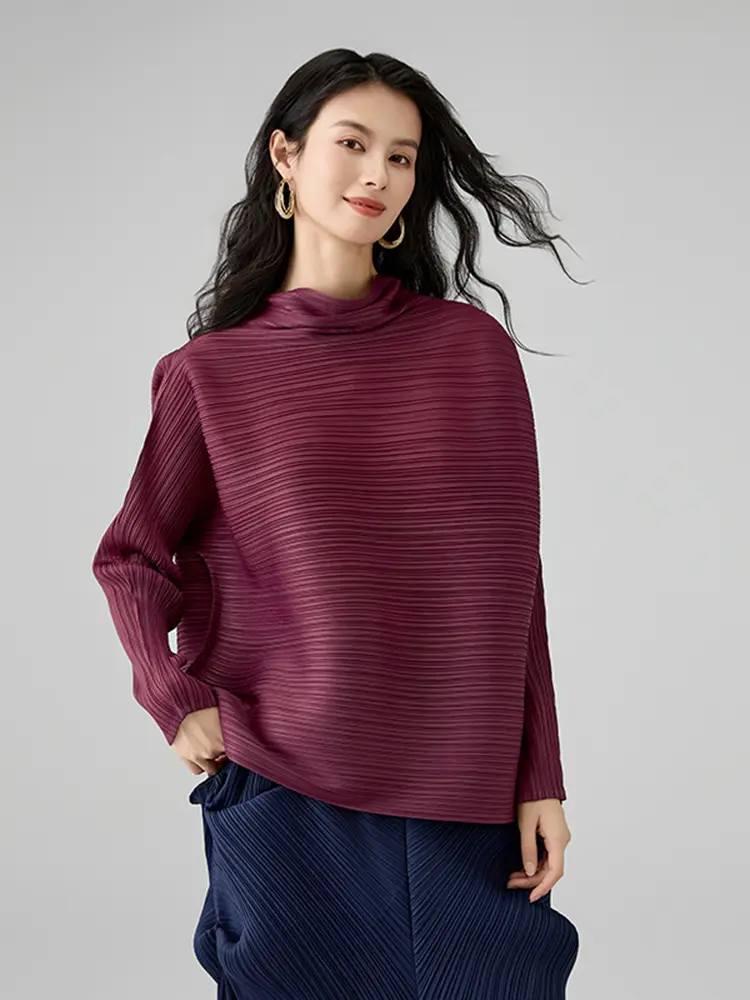 LANMREM 2025 New Maroon Pleated Women's T-shirt Casual Style Long Sleeved A-line Scarf Collar Chic Loose Pullover Tops 2DB2827
