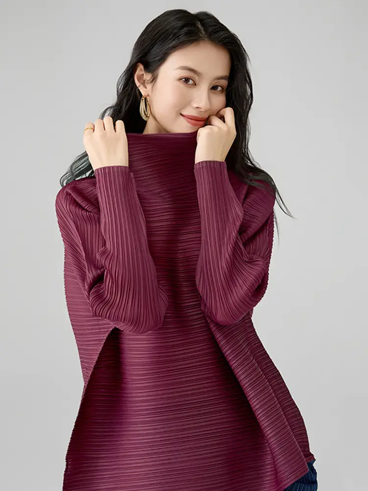 LANMREM 2025 New Maroon Pleated Women's T-shirt Casual Style Long Sleeved A-line Scarf Collar Chic Loose Pullover Tops 2DB2827