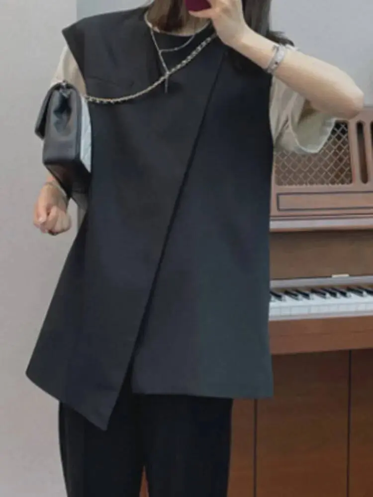 LANMREM Korean Vest Coat For Women Round Neck Sleeveless Designer Tide Irregular Solid Coats Female Clothing 2025 New 2YA3562