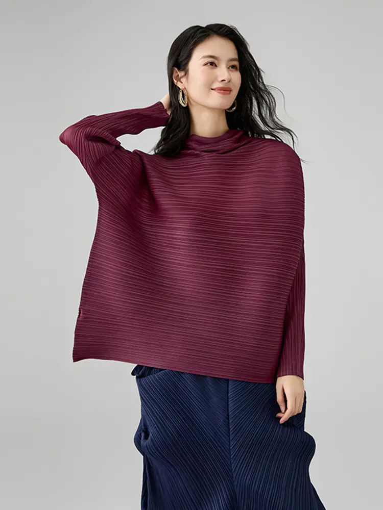 LANMREM 2025 New Maroon Pleated Women's T-shirt Casual Style Long Sleeved A-line Scarf Collar Chic Loose Pullover Tops 2DB2827