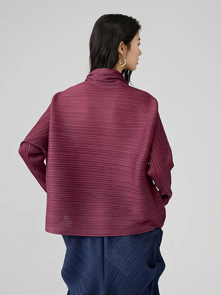 LANMREM 2025 New Maroon Pleated Women's T-shirt Casual Style Long Sleeved A-line Scarf Collar Chic Loose Pullover Tops 2DB2827