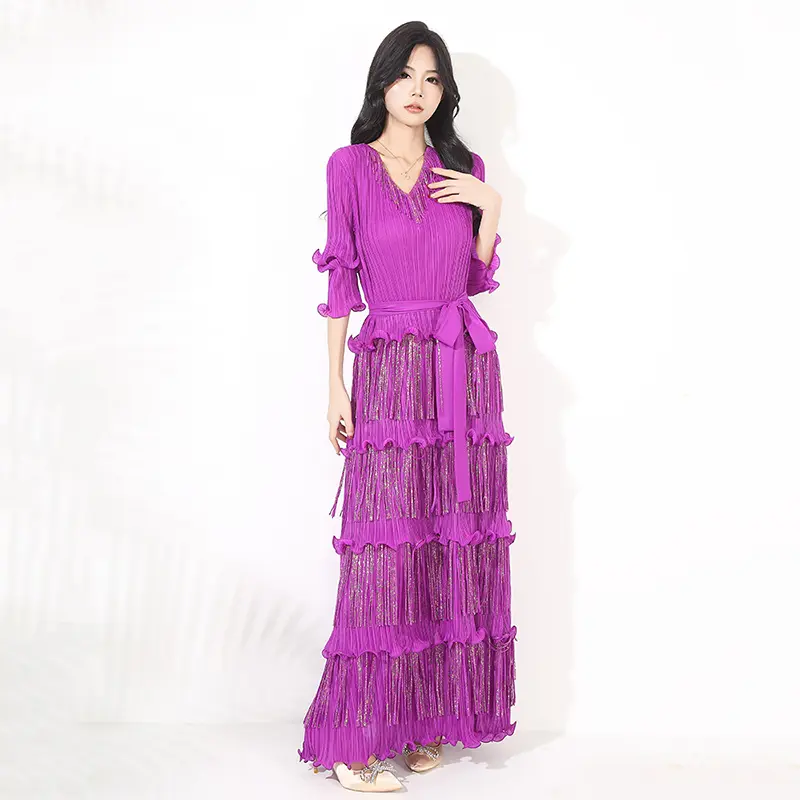 LANMREM Niche Design Pleated Dress Women's Chic New Elegant Elastic Slim V-Neck Gold Foil Printing Tassel Long Dresses 2DB4112