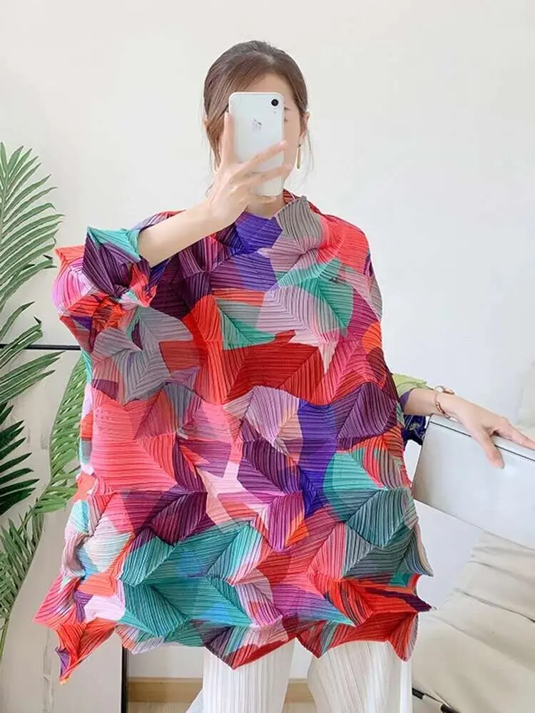LANMREM Loose Printing Pleated T-shirt For Women Stitching Color Turtleneck Female Fashion Top 2025 Summer Spring 2R4284