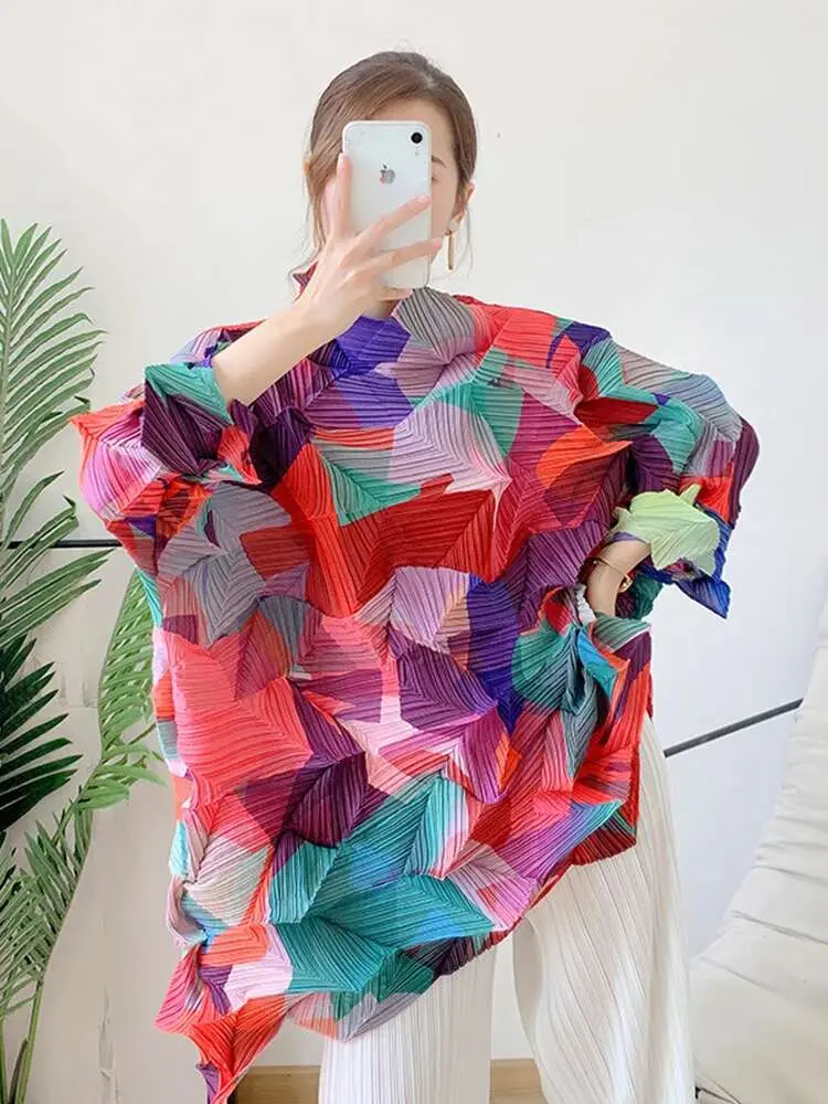 LANMREM Loose Printing Pleated T-shirt For Women Stitching Color Turtleneck Female Fashion Top 2025 Summer Spring 2R4284