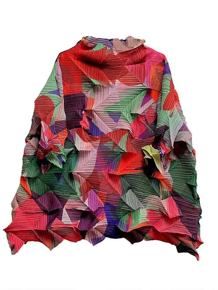 LANMREM Loose Printing Pleated T-shirt For Women Stitching Color Turtleneck Female Fashion Top 2025 Summer Spring 2R4284