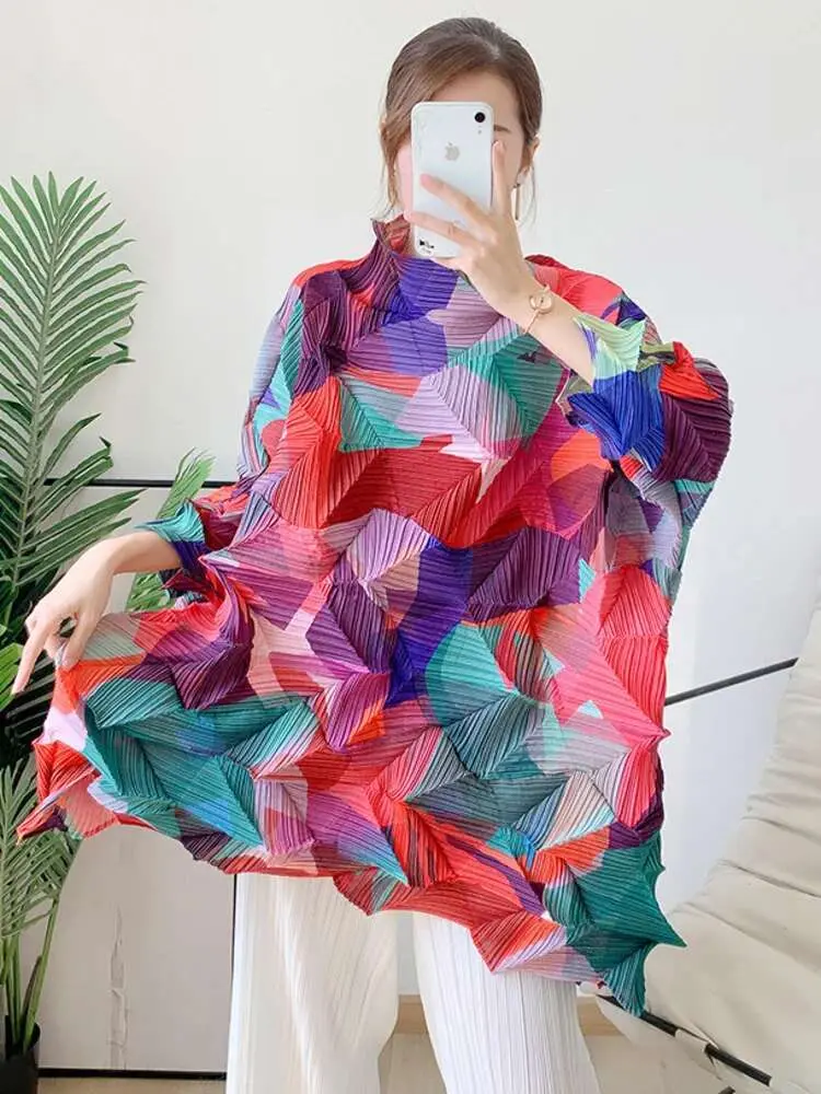 LANMREM Loose Printing Pleated T-shirt For Women Stitching Color Turtleneck Female Fashion Top 2025 Summer Spring 2R4284