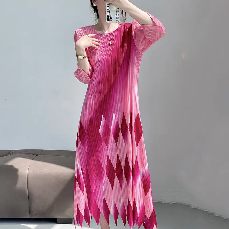 LANMREM Chic New Colorblock Spliced Gradient Print O-neck Pleated Women's Dress Elegant Elastic Slim Mid-Length Dresses 2DB3632