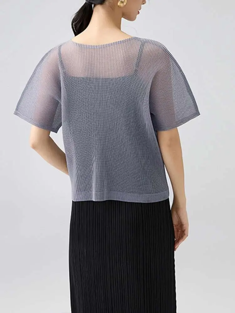 LANMREM 2025 Summer New Simple Temperament Round Neck Semitransparent Mesh T-shirt Women's Hollow Pleated Tee Top Tide 2DB2518