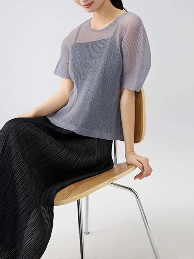 LANMREM 2025 Summer New Simple Temperament Round Neck Semitransparent Mesh T-shirt Women's Hollow Pleated Tee Top Tide 2DB2518