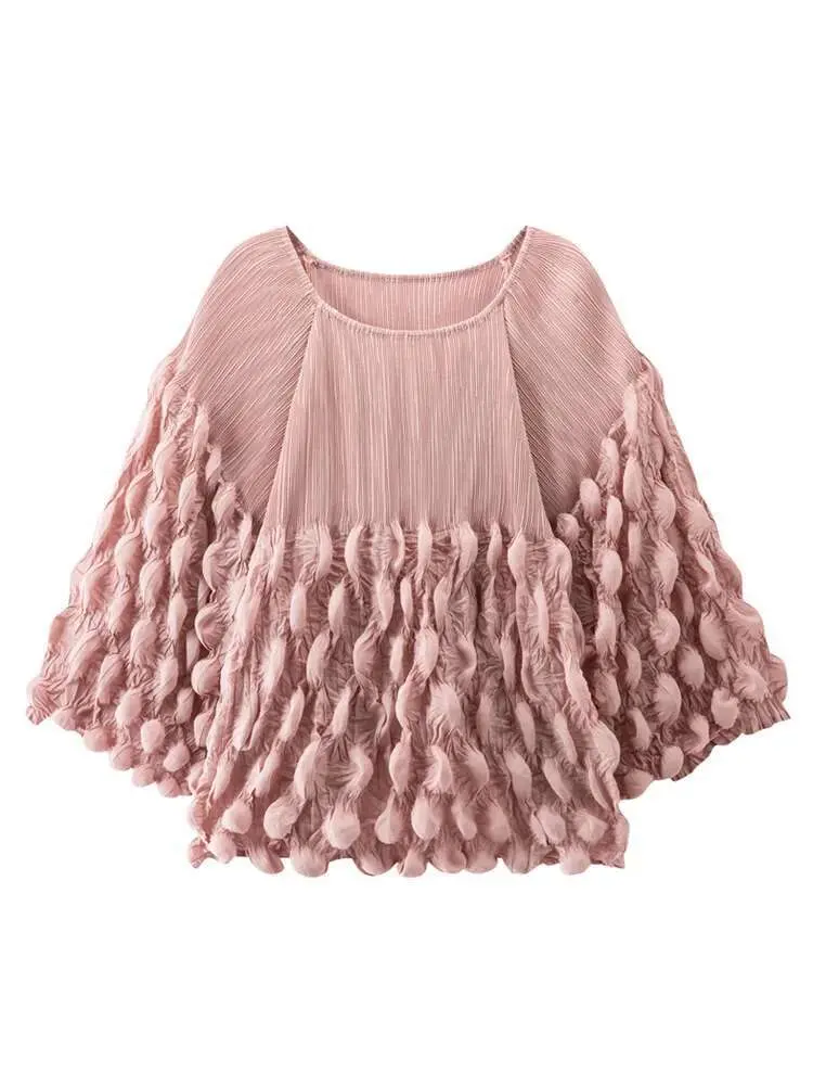 LANMREM Bubble Fold Design Pleasted T-shirt Chic Women's Round Collar Loose Casual Top Fashion 2025 Spring New Tee 2DB2517