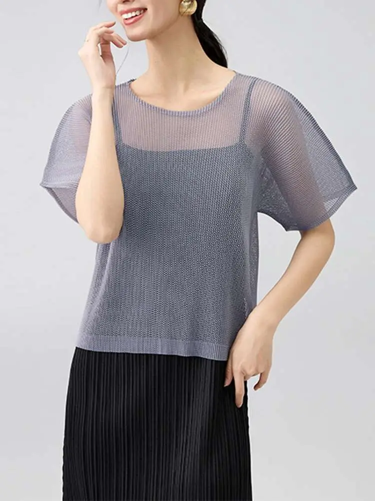LANMREM 2025 Summer New Simple Temperament Round Neck Semitransparent Mesh T-shirt Women's Hollow Pleated Tee Top Tide 2DB2518