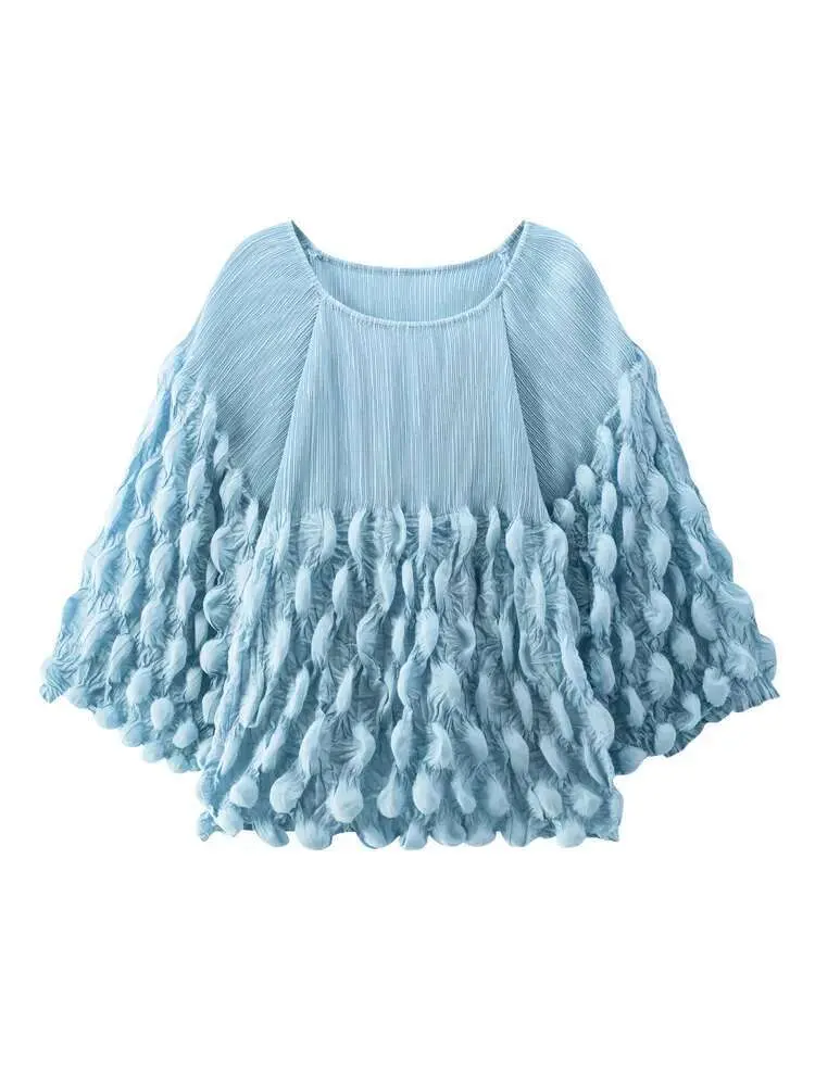 LANMREM Bubble Fold Design Pleasted T-shirt Chic Women's Round Collar Loose Casual Top Fashion 2025 Spring New Tee 2DB2517