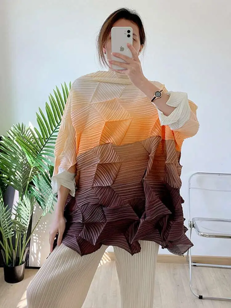 LANMREM Pleated Gradient Shirts For Women 2025 Spring And Summer New Color Block Fold Pullover Loose Irregular Long Shirt 2R1275