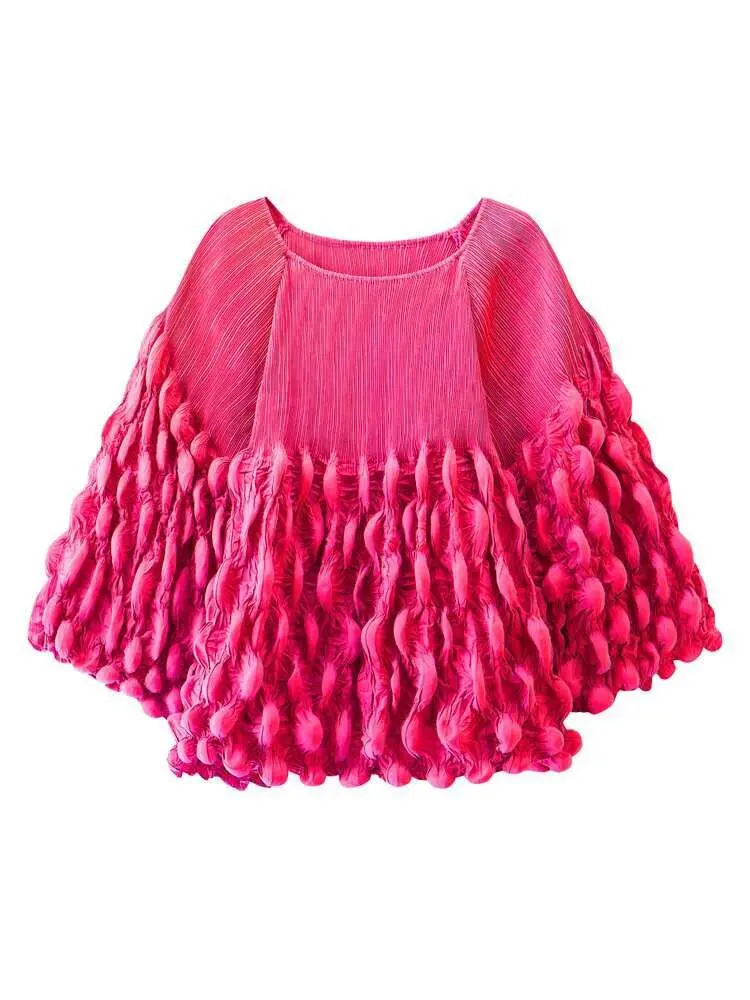 LANMREM Bubble Fold Design Pleasted T-shirt Chic Women's Round Collar Loose Casual Top Fashion 2025 Spring New Tee 2DB2517