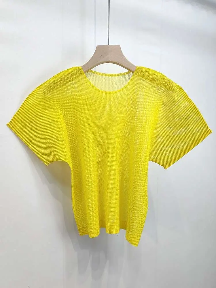 LANMREM 2025 Summer New Simple Temperament Round Neck Semitransparent Mesh T-shirt Women's Hollow Pleated Tee Top Tide 2DB2518