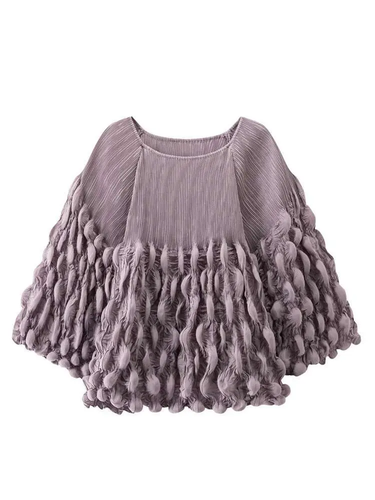 LANMREM Bubble Fold Design Pleasted T-shirt Chic Women's Round Collar Loose Casual Top Fashion 2025 Spring New Tee 2DB2517
