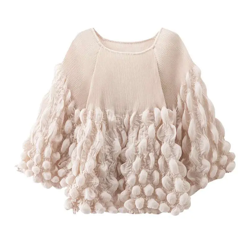 LANMREM Bubble Fold Design Pleasted T-shirt Chic Women's Round Collar Loose Casual Top Fashion 2025 Spring New Tee 2DB2517