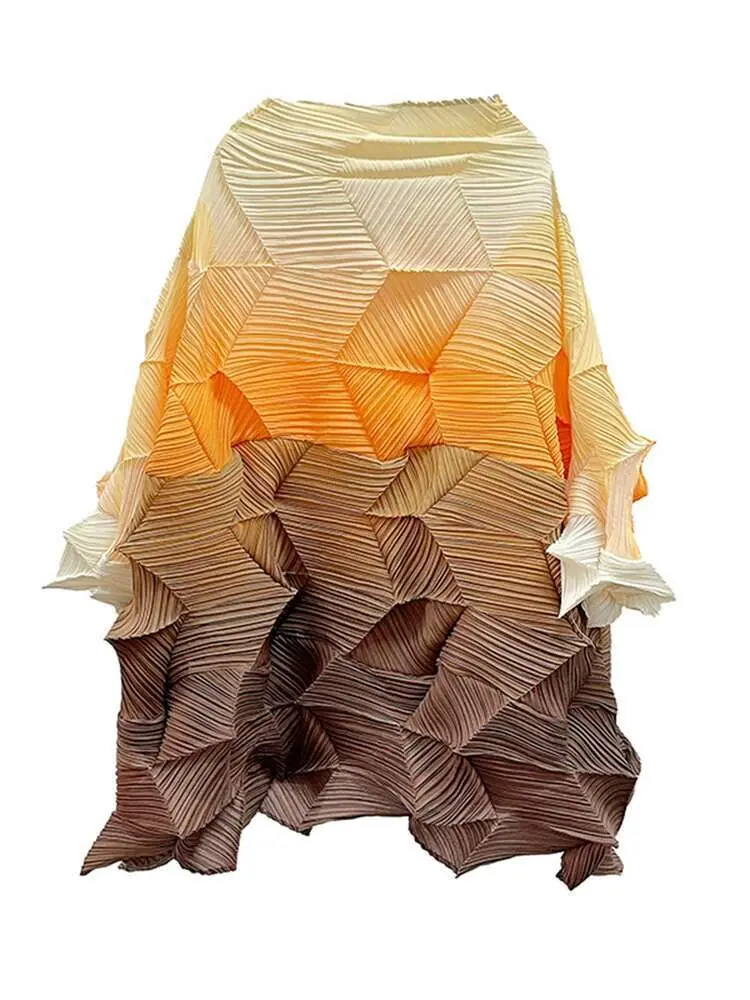LANMREM Pleated Gradient Shirts For Women 2025 Spring And Summer New Color Block Fold Pullover Loose Irregular Long Shirt 2R1275