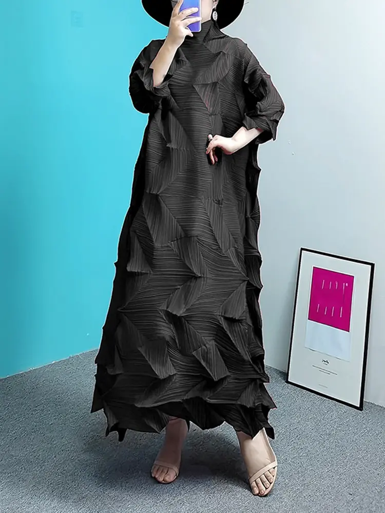 LANMREM Pleated Maxi Dress For Women Turtleneck Solid Color Loose Style Female Fashion Clothing 2025 Spring Summer New 2DA3596
