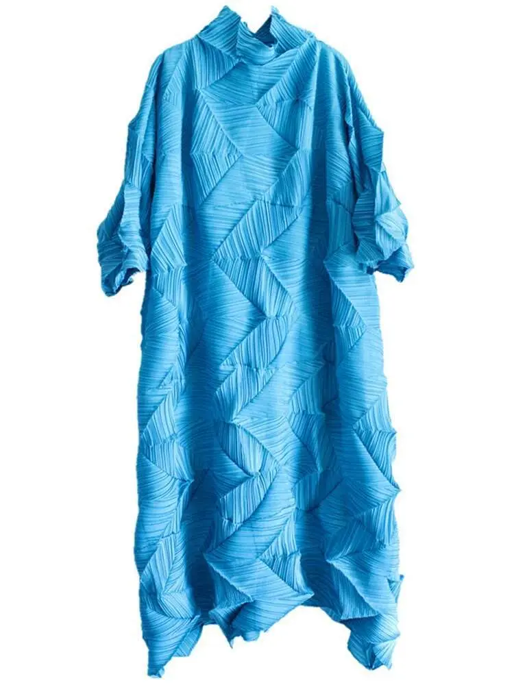 LANMREM Pleated Maxi Dress For Women Turtleneck Solid Color Loose Style Female Fashion Clothing 2025 Spring Summer New 2DA3596