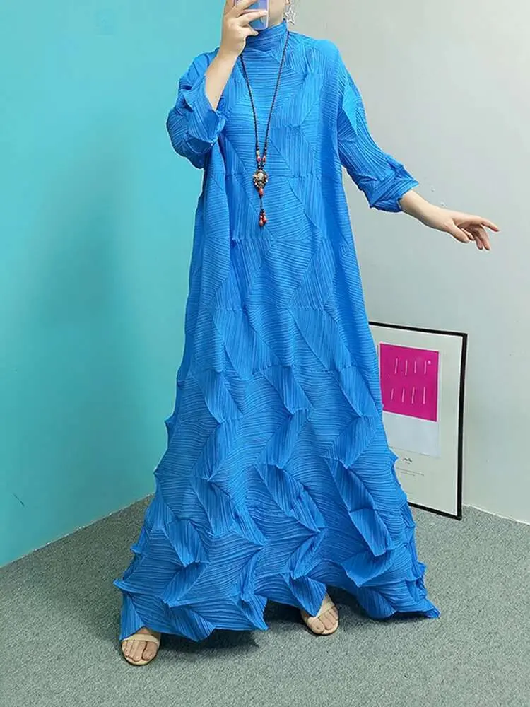 LANMREM Pleated Maxi Dress For Women Turtleneck Solid Color Loose Style Female Fashion Clothing 2025 Spring Summer New 2DA3596