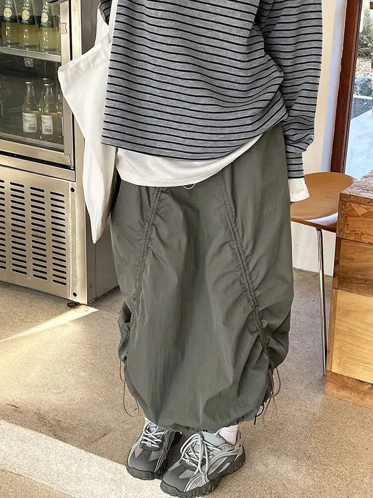 LANMREM Women Skirt 2025 New Fashion Elastic Waist Drawstring Army Green Color Loose A Line Skirts Office Lady Clothes 2DC1434