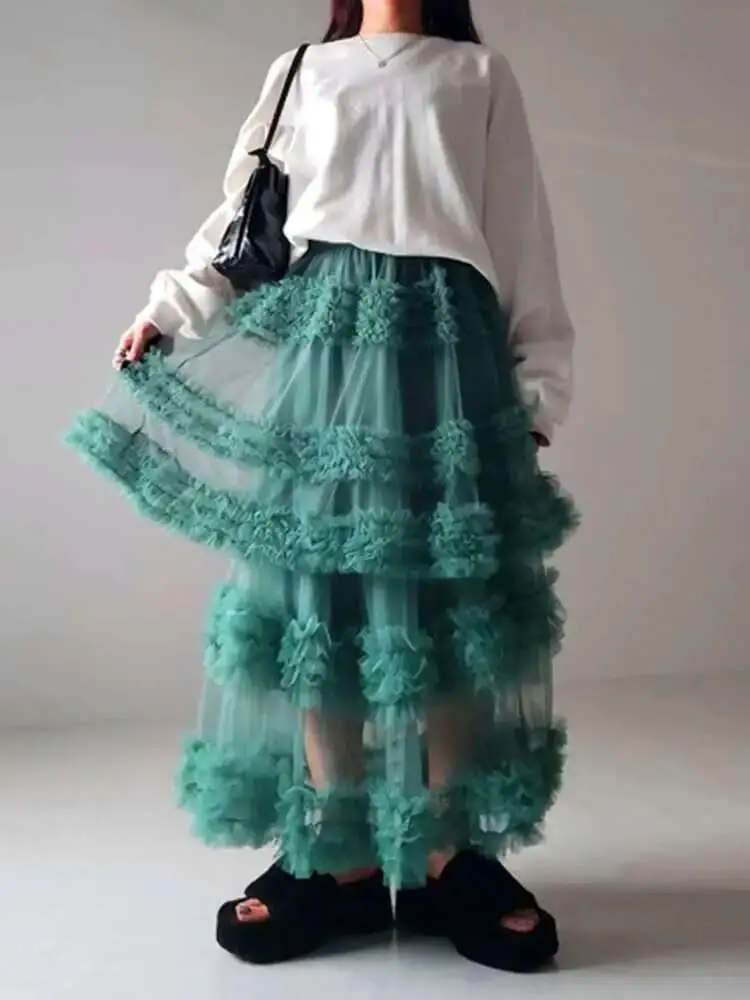 LANMREM Yarn Skirt For Women Three-layer Handmade Splicing Mesh A-line Skirts Female Party Clothing 2025 Spring New 2DB1939
