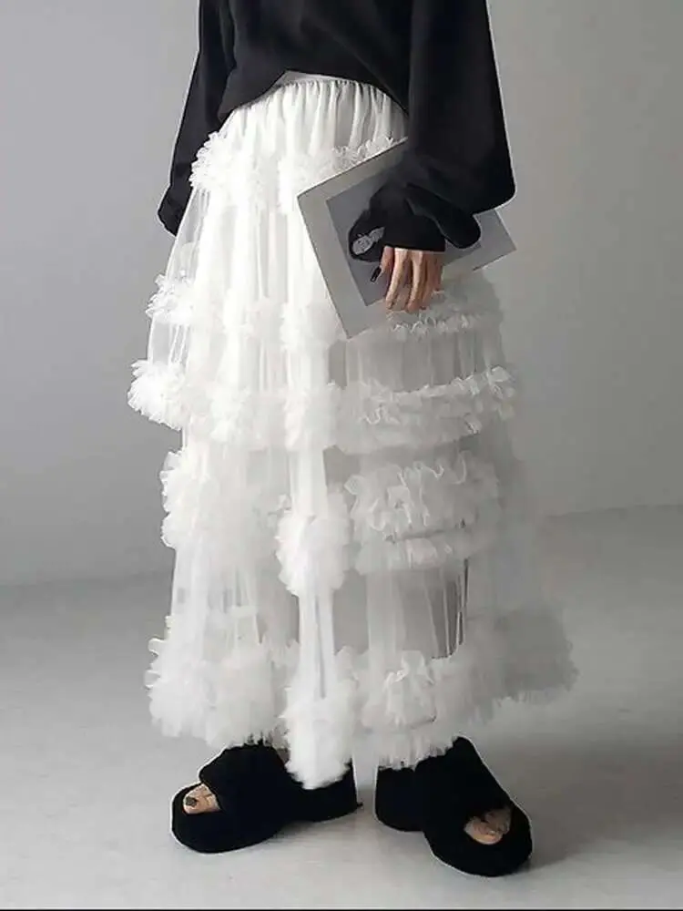 LANMREM Yarn Skirt For Women Three-layer Handmade Splicing Mesh A-line Skirts Female Party Clothing 2025 Spring New 2DB1939