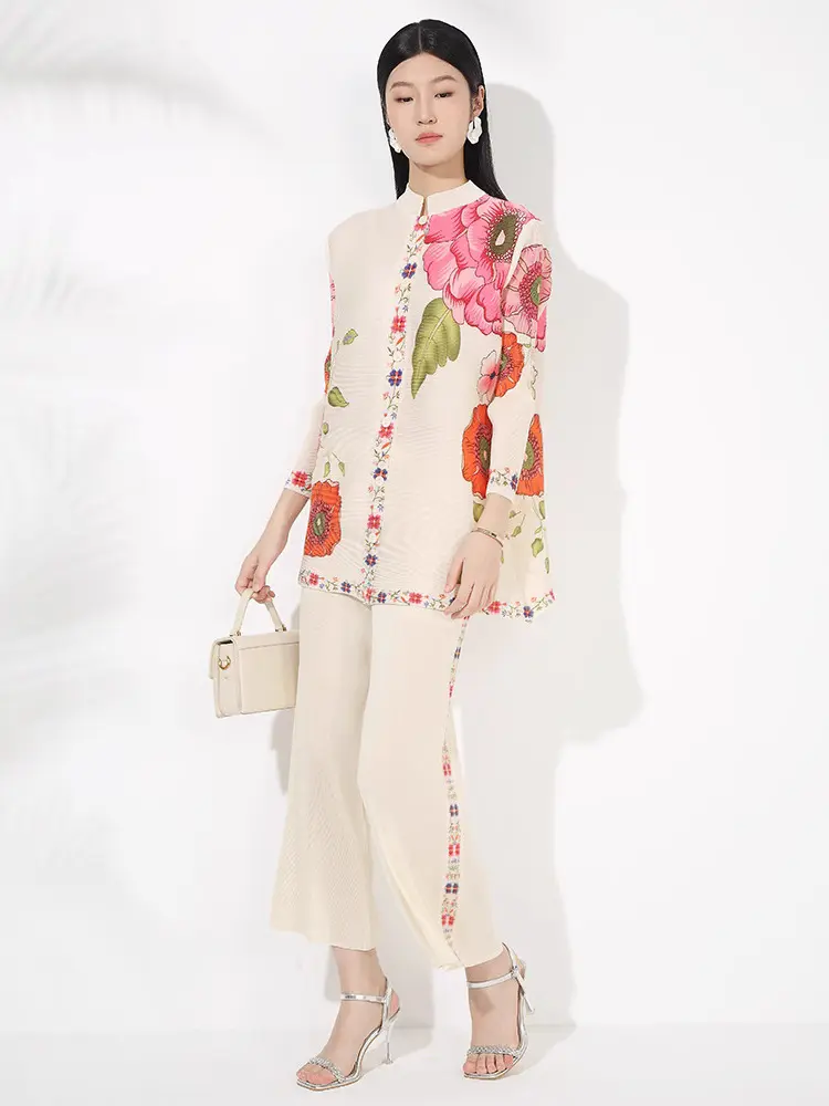 LANMREM Pleated Print New Chinese Style Two Pieces Set For Women Stand Collar Single Breasted Top And High Waist Wide Leg Pants
